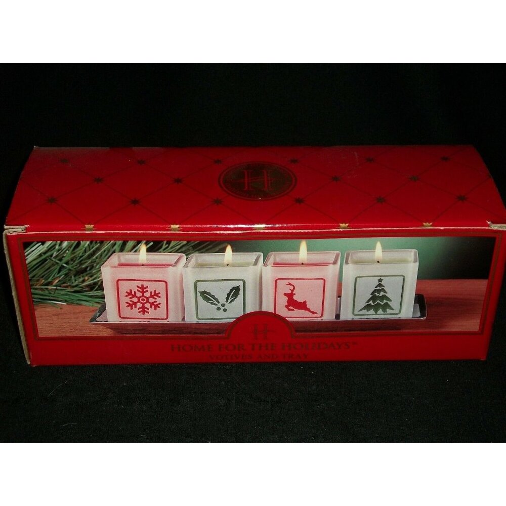 Home for the Holidays Christmas Votive Candles & Tray Set of 4 Red Green Frosted